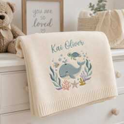 Personalized Ocean Embroidered Baby Blanket, Custom Whale Name Sea Life Nursery Gift, Shower Keepsake, Newborn Gift - thumbnail 2