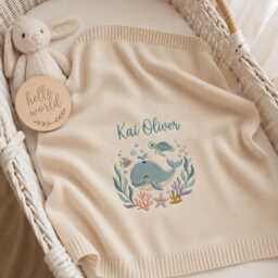 Personalized Ocean Embroidered Baby Blanket, Custom Whale Name Sea Life Nursery Gift, Shower Keepsake, Newborn Gift - thumbnail 3
