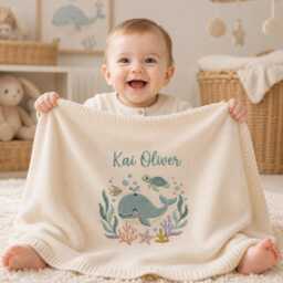 Personalized Ocean Embroidered Baby Blanket, Custom Whale Name Sea Life Nursery Gift, Shower Keepsake, Newborn Gift - thumbnail 1