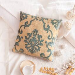 Teal Gold Tan Throw Pillow Cover, Decorative Cushion Covers, Velour Satin Blend Accent Pillow, Embossed Designer Farmhouse Boutique Pillows - thumbnail 2