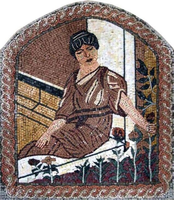 Sitting Woman At The Window Stone Mosaic Mural