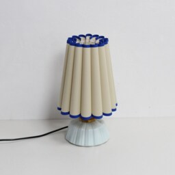 Handmade Khaki Fabric Lamp With Blue Trim & Ceramic Base - thumbnail 2