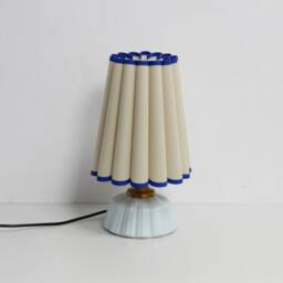 Handmade Khaki Fabric Lamp With Blue Trim & Ceramic Base