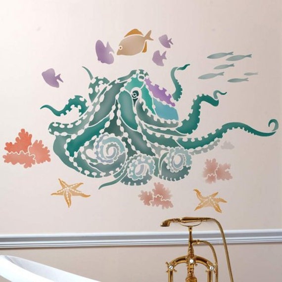 Octopus's Garden Wall Art Stencil - Stencils For Affordable Room Makeover Aquatic Great Nursery - image 1