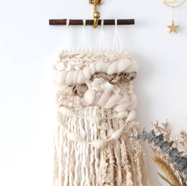 Gold Sequin Fiber Art Wall Hanging Handspun Yarn Woven Decoration - image 1
