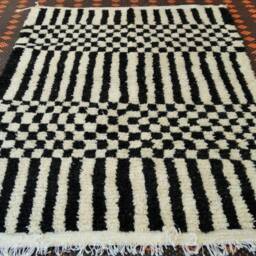 Custom Handmade Moroccan Rug - Black & White Checkerboard Striped Beni Ourain Carpet Modern Geometric Berber Wool Living Room Decor - thumbnail 3