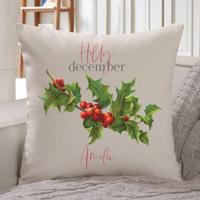 Personalised Birth Flower Cushion/December Holly Floral Design Birthday 30Th, 40Th, 50Th, 60Th, 70Th Gift For Her - image 1