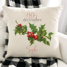 Personalised Birth Flower Cushion/December Holly Floral Design Birthday 30Th, 40Th, 50Th, 60Th, 70Th Gift For Her - thumbnail 2