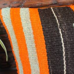 Vintage Striped Kilim Pillow Cover - Handwoven Wool, Red Orange Black - 12x20In - thumbnail 2
