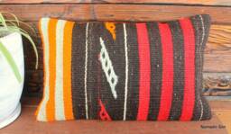 Vintage Striped Kilim Pillow Cover - Handwoven Wool, Red Orange Black - 12x20In
