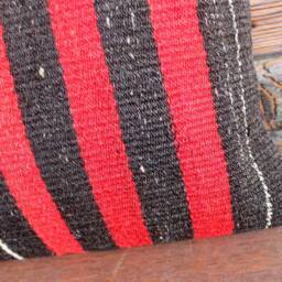 Vintage Striped Kilim Pillow Cover - Handwoven Wool, Red Orange Black - 12x20In - thumbnail 3