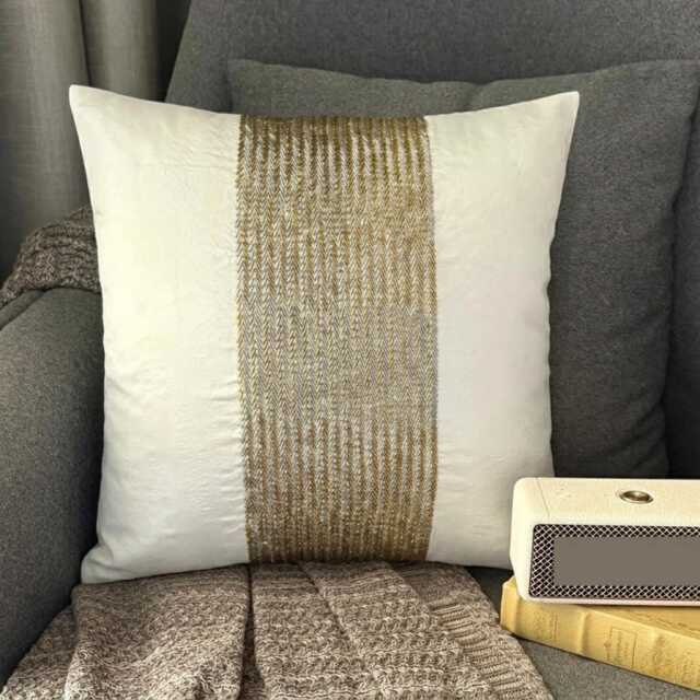 Gold Beaded Chevron Ivory Art Silk Throw Pillow Cover, 16x16 Modern Cushion Cover - Gleam - image 1