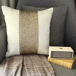 Gold Beaded Chevron Ivory Art Silk Throw Pillow Cover, 16x16 Modern Cushion Cover - Gleam - thumbnail 2