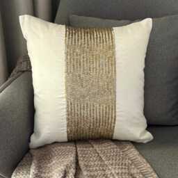 Gold Beaded Chevron Ivory Art Silk Throw Pillow Cover, 16x16 Modern Cushion Cover - Gleam - thumbnail 3