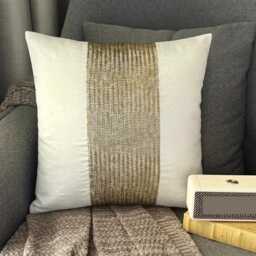 Gold Beaded Chevron Ivory Art Silk Throw Pillow Cover, 16x16 Modern Cushion Cover - Gleam - thumbnail 1