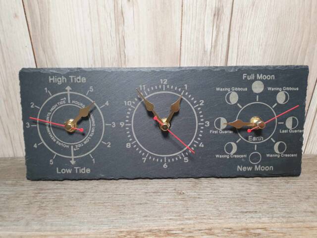 Laser Engraved Time, Tide & Moon Phase Slate Wall Clock 30cm X 12cm - image 1