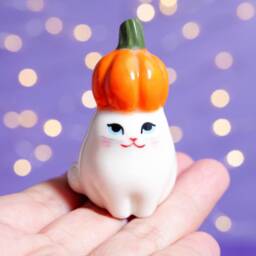 Handmade Ceramic Pumpkin Cat Figurine Fall Halloween Decor - thumbnail 1