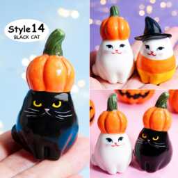 Handmade Ceramic Pumpkin Cat Figurine Fall Halloween Decor - thumbnail 3