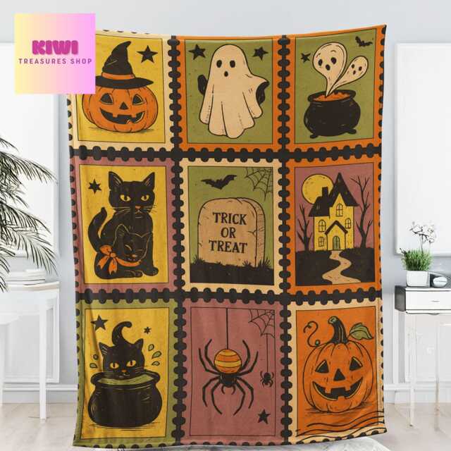 Retro Halloween Fleece Blanket Spooky Ghost Cat Pumpkin Throw - image 1