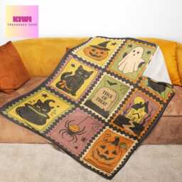 Retro Halloween Fleece Blanket Spooky Ghost Cat Pumpkin Throw - thumbnail 4