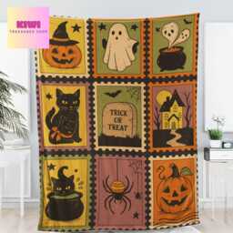 Retro Halloween Fleece Blanket Spooky Ghost Cat Pumpkin Throw