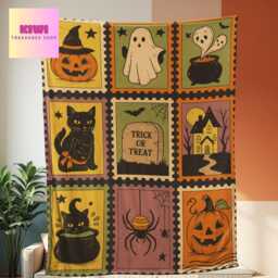 Retro Halloween Fleece Blanket Spooky Ghost Cat Pumpkin Throw - thumbnail 2