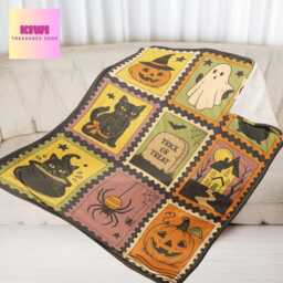 Retro Halloween Fleece Blanket Spooky Ghost Cat Pumpkin Throw - thumbnail 3