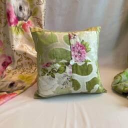 Embroidered Silk Pillow Cover Pink, Green, Floral, 18 - thumbnail 3