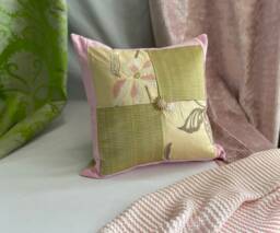 Embroidered Silk Pillow Cover Pink, Green, Floral, 18 - thumbnail 1