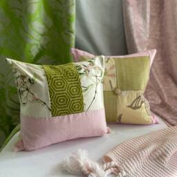 Embroidered Silk Pillow Cover Pink, Green, Floral, 18 - thumbnail 2