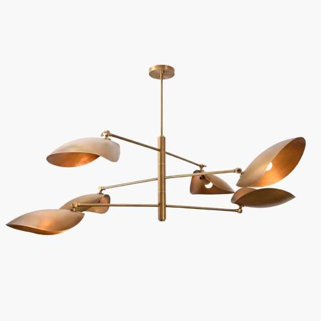 1950S Modern Mid Century Handmade Linear Brass Fixture Six Shade Three Ceiling Pendant Chandelier Light - image 1