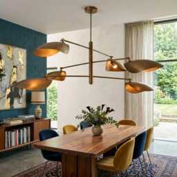 1950S Modern Mid Century Handmade Linear Brass Fixture Six Shade Three Ceiling Pendant Chandelier Light - thumbnail 3