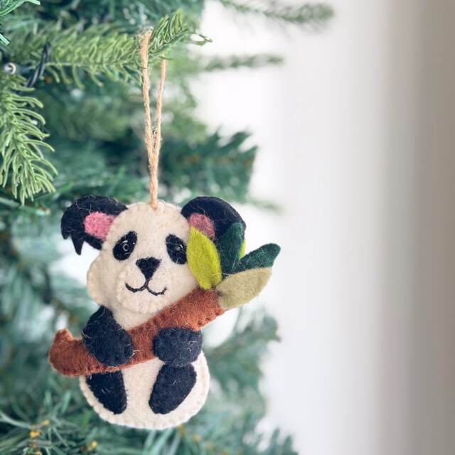 Felt Panda Holding Bamboo Christmas Ornament, Fair Trade Made in Nepal, Biodegradable Ornament - image 1