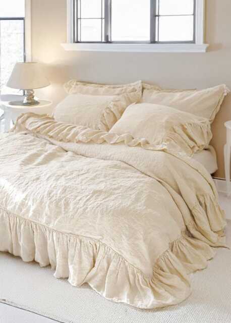 Shabby Chic Linen Ruffled Duvet Cover Set - French Bedding With Extra Long Ruffles Handmade Farmhouse - image 1