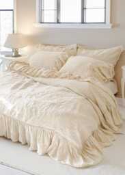 Shabby Chic Linen Ruffled Duvet Cover Set - French Bedding With Extra Long Ruffles Handmade Farmhouse - thumbnail 1