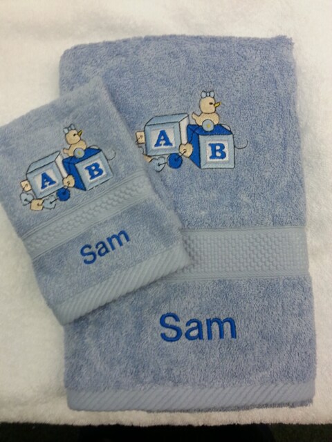 Personalised Towel Set Christmas Gift Present Hand & Face Cloth Any Name Embroidered Flannel - Ab Blocks Blues