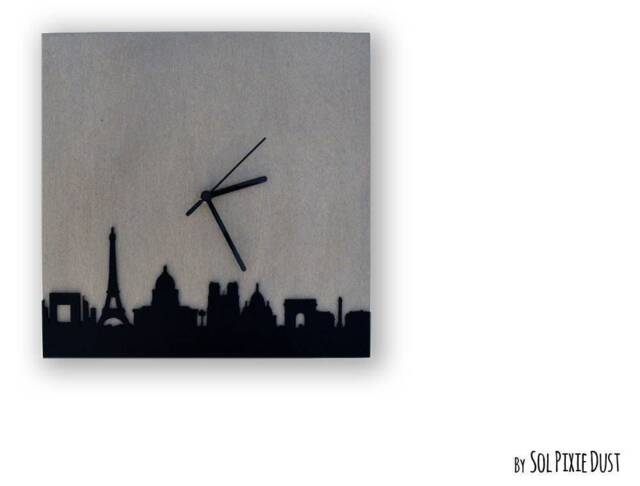 Concrete Square With Black Acrylic - Paris Skyline Wall Clock Modern Travel Gift Idea Anniversary Couple Goals - image 1
