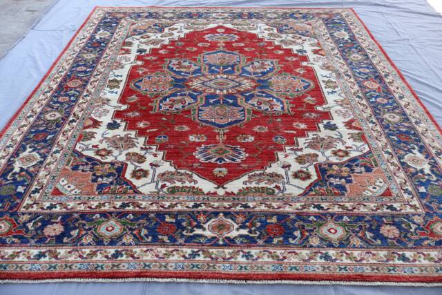 9x10 Ft Large Afghan Fine Turkish Heriz Rug Navy Blue Red Turkmen Hand Knotted Wool Area Rug, Rugs For Living Room Bedroom, 8'7x9'9 - image 1