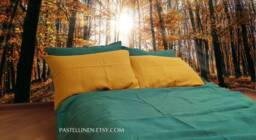 Emerald & Mustard Linen Bedding Set - 2 Pillowcases Duvet Cover Organic Bedding Full Size King Queen - thumbnail 1