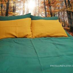 Emerald & Mustard Linen Bedding Set - 2 Pillowcases Duvet Cover Organic Bedding Full Size King Queen - thumbnail 2
