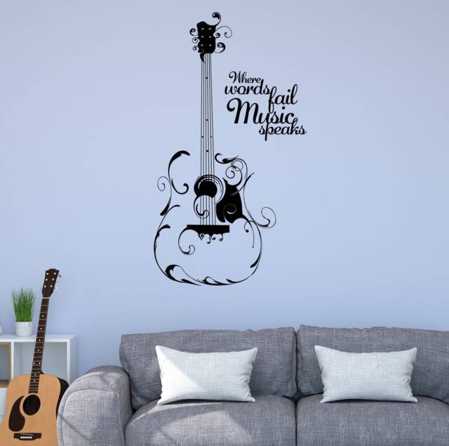Acoustic Guitar Swirls Music Quote. Quality Wall Art Vinyl Matte Decal Sticker - image 1