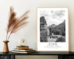 Zion National Park Print Minimalist Black & White Travel Art - thumbnail 1