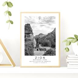 Zion National Park Print Minimalist Black & White Travel Art - thumbnail 2