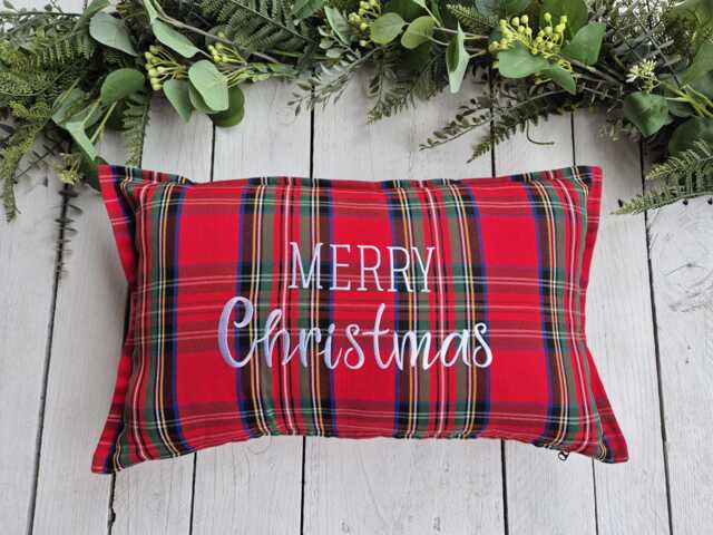 Royal Stewart Merry Christmas Plaid Pillow Cover, Farmhouse Tartan Sham, Green & Red - image 1
