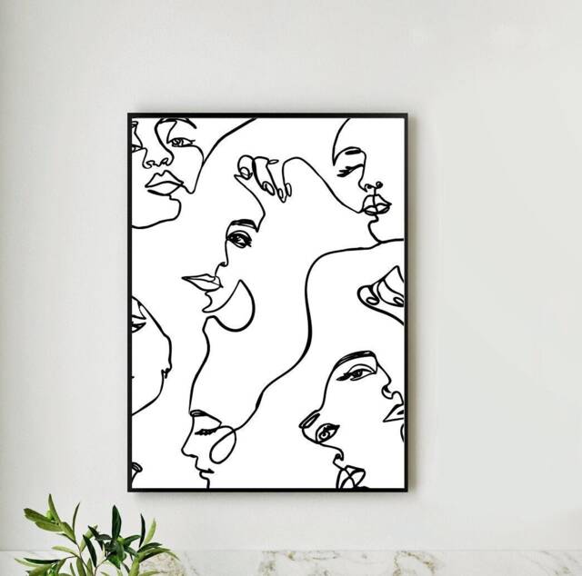 Simple Black & White Faces, Line Art, Mono Print, Woman Features Wall Art Print Decor Fun Poster A5, A4, A3 A2 Hallway Lounge Bedroom - image 1