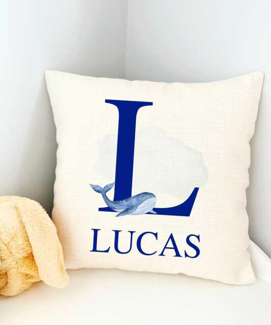 Whale Nursery Decor, Boy Name Whale, Cushion Cover Boys Bedroom, Personalised Cover, Under The Sea Nursery, Baby Gift - image 1