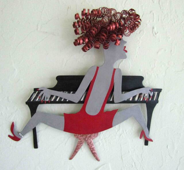 Handmade Piano Lady Metal Wall Art Red & Black Jazz Sculpture - image 1