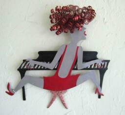 Handmade Piano Lady Metal Wall Art Red & Black Jazz Sculpture - thumbnail 1