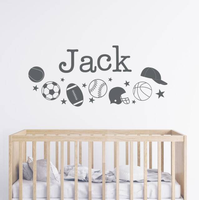 Personalized Sports Themed Decals, Custom Varsity Name Wall Sign, Nursery Vinyl Tennis, Kids Room Soccer, Football, Baseball, Basketball - image 1