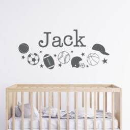 Personalized Sports Themed Decals, Custom Varsity Name Wall Sign, Nursery Vinyl Tennis, Kids Room Soccer, Football, Baseball, Basketball - thumbnail 1